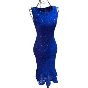 💙 Vtg La Scala Blue Embellished Lace Dress XS